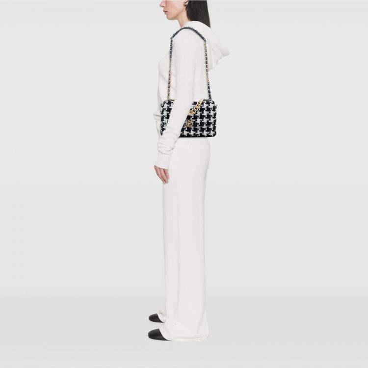 Pre Owned Chanel Black White Large Houndstooth Tweed 19 Flap