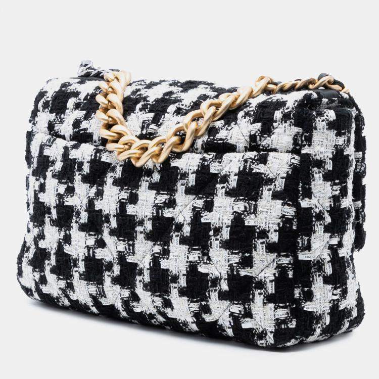 Pre Owned Chanel Black White Large Houndstooth Tweed 19 Flap