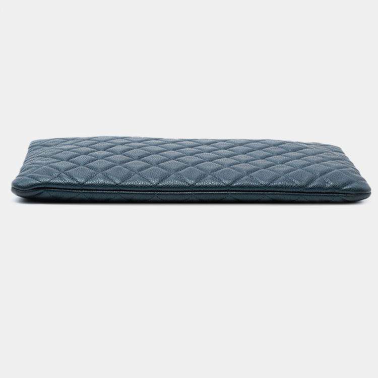 Pre Owned Chanel Blue Large Quilted Caviar O Case Clutch