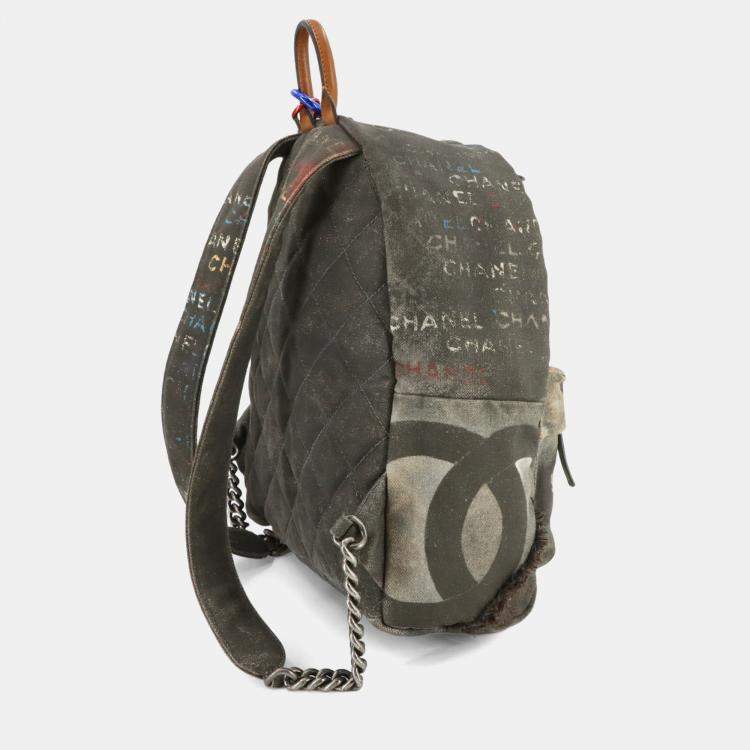 Pre Owned Chanel Act II Graffiti Khaki Canvas and Leather Backpack