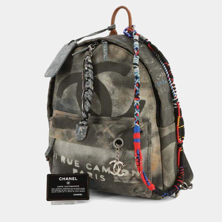 Pre Owned Chanel Act II Graffiti Khaki Canvas and Leather Backpack