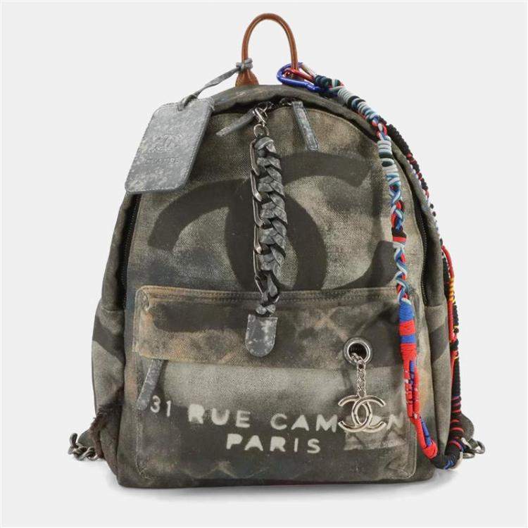 Pre Owned Chanel Act II Graffiti Khaki Canvas and Leather Backpack