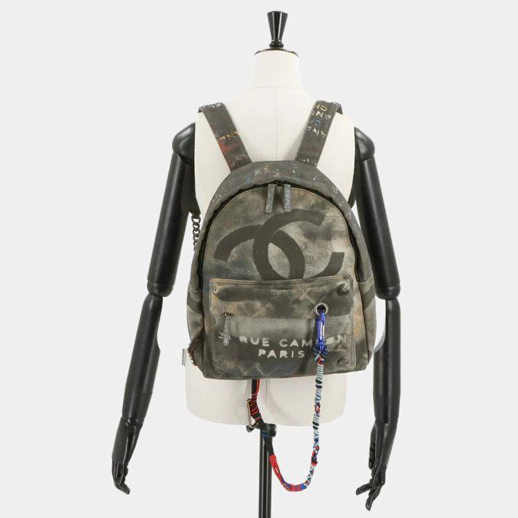 Pre Owned Chanel Act II Graffiti Khaki Canvas and Leather Backpack