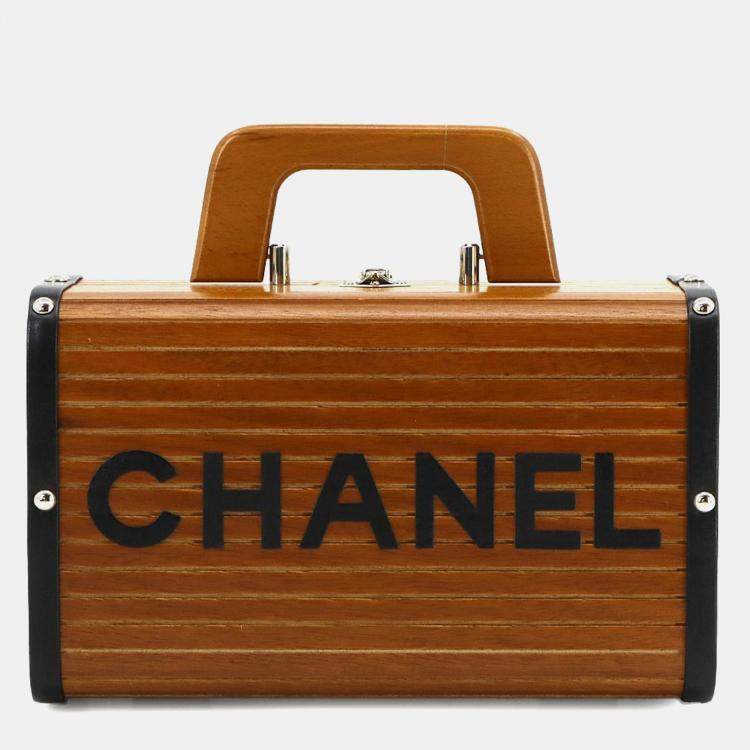 Pre Owned Chanel Wood Brown Black Leather Vanity Handbag