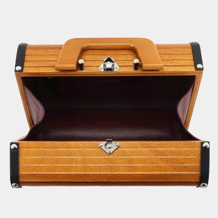 Pre Owned Chanel Wood Brown Black Leather Vanity Handbag