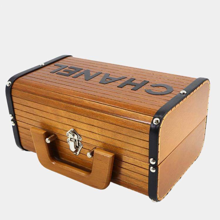 Pre Owned Chanel Wood Brown Black Leather Vanity Handbag