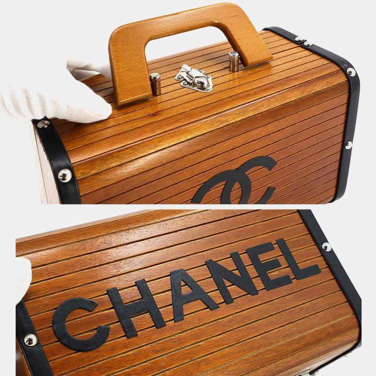 Pre Owned Chanel Wood Brown Black Leather Vanity Handbag