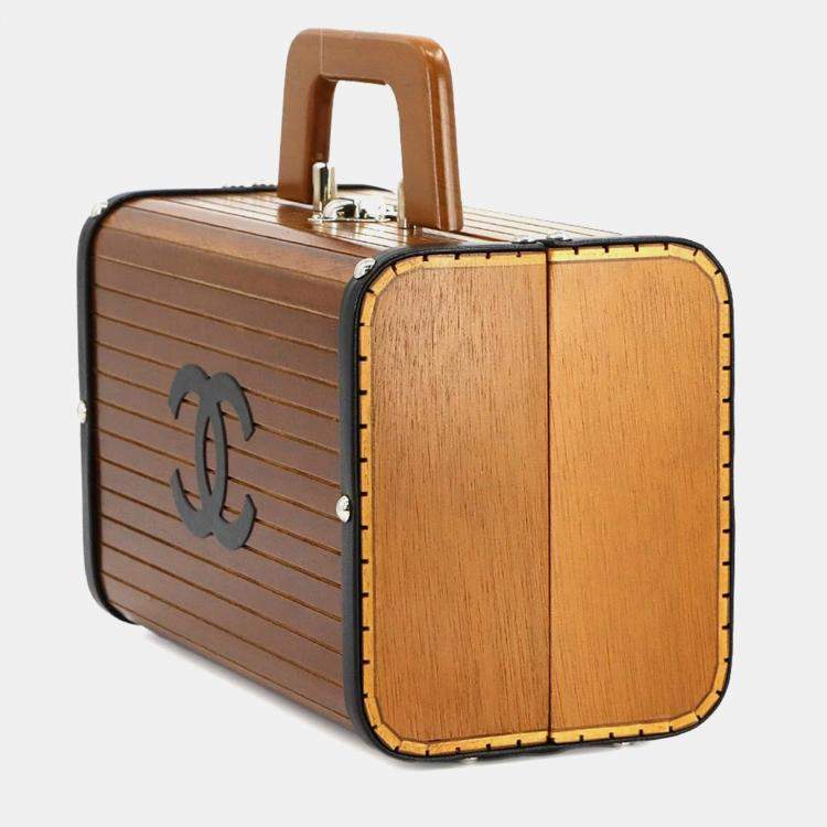 Pre Owned Chanel Wood Brown Black Leather Vanity Handbag