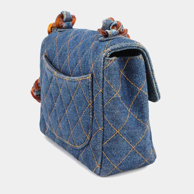 Pre Owned Chanel Square Classic Single Flap Blue Quilted Denim Tortoiseshell Bakelite Shoulder Bag