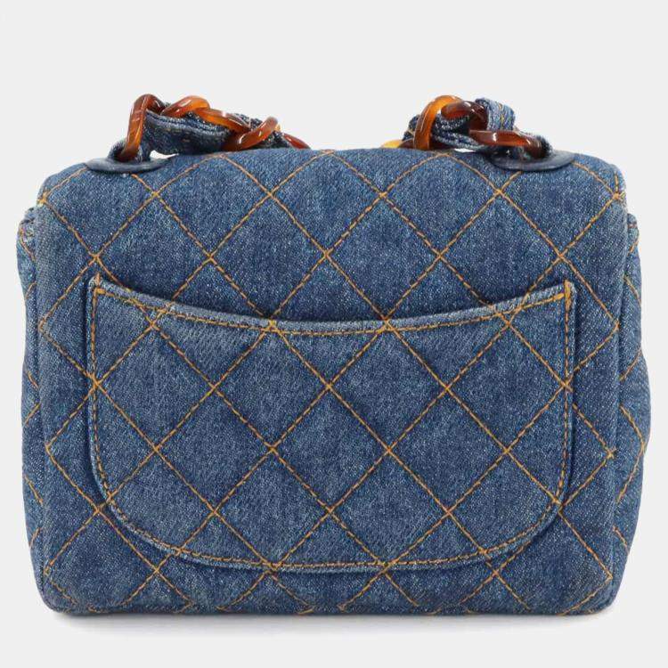 Pre Owned Chanel Square Classic Single Flap Blue Quilted Denim Tortoiseshell Bakelite Shoulder Bag