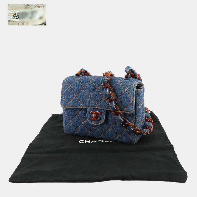 Pre Owned Chanel Square Classic Single Flap Blue Quilted Denim Tortoiseshell Bakelite Shoulder Bag