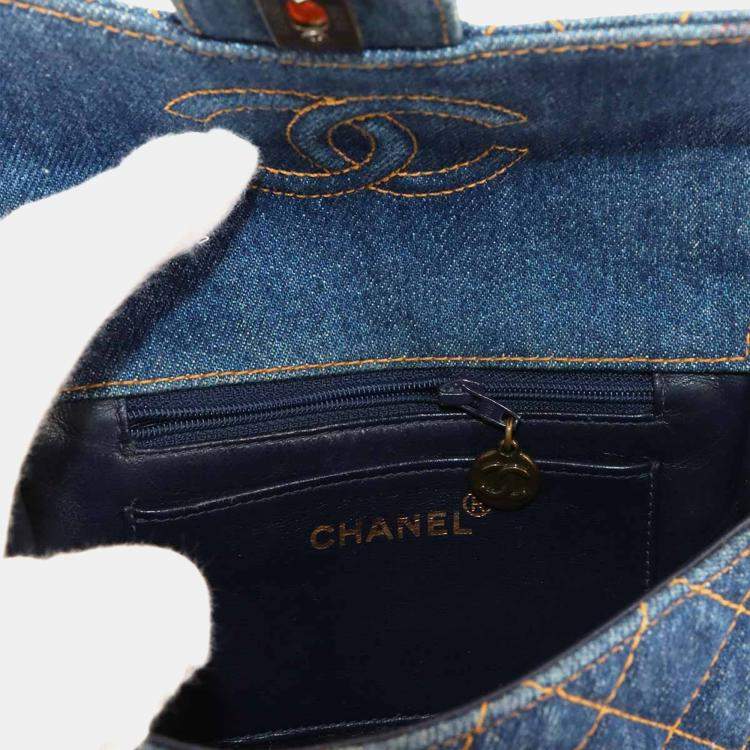 Pre Owned Chanel Square Classic Single Flap Blue Quilted Denim Tortoiseshell Bakelite Shoulder Bag