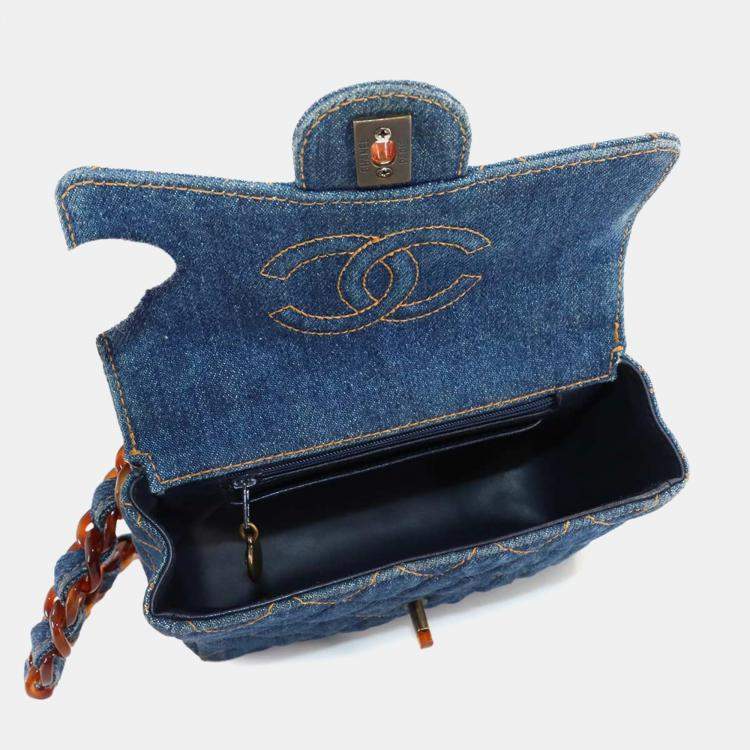Pre Owned Chanel Square Classic Single Flap Blue Quilted Denim Tortoiseshell Bakelite Shoulder Bag