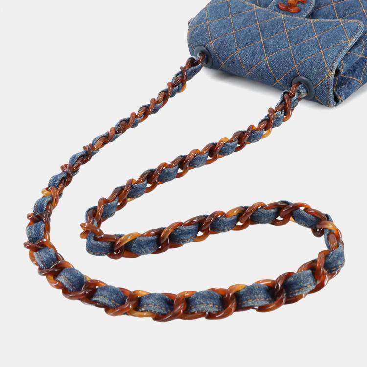 Pre Owned Chanel Square Classic Single Flap Blue Quilted Denim Tortoiseshell Bakelite Shoulder Bag