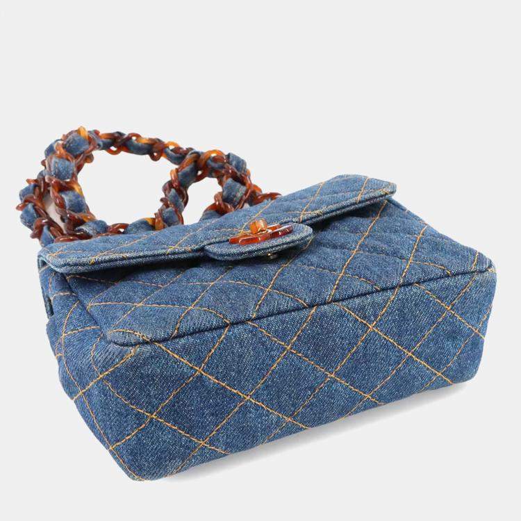 Pre Owned Chanel Square Classic Single Flap Blue Quilted Denim Tortoiseshell Bakelite Shoulder Bag