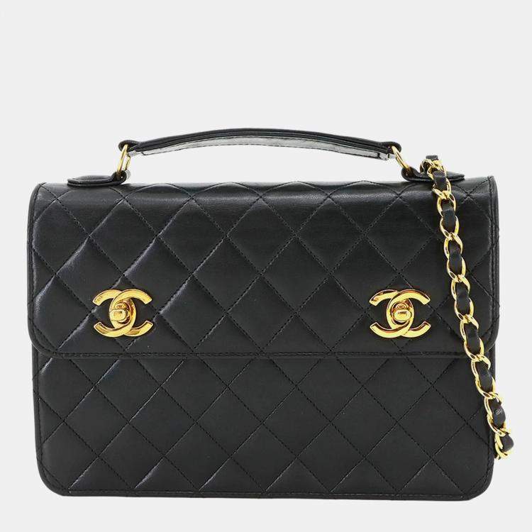 Pre Owned Chanel Double CC Turn Lock Black Quilted Lambskin Shoulder Bag