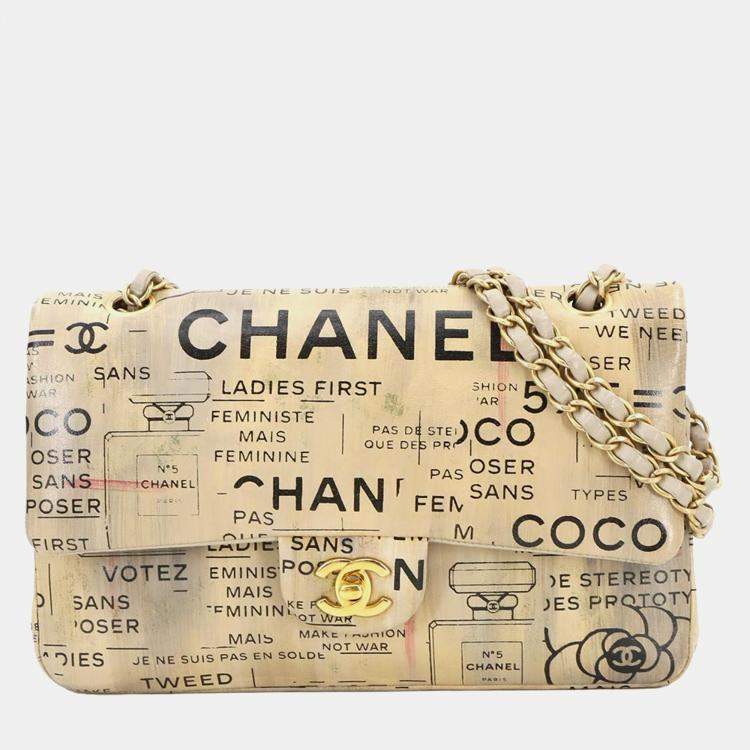 مملوكة مسبقًا Chanel Newspaper Print Beige Leather Chain Shoulder Bag