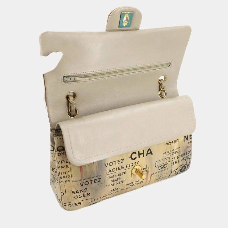 مملوكة مسبقًا Chanel Newspaper Print Beige Leather Chain Shoulder Bag