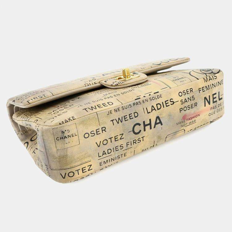 مملوكة مسبقًا Chanel Newspaper Print Beige Leather Chain Shoulder Bag