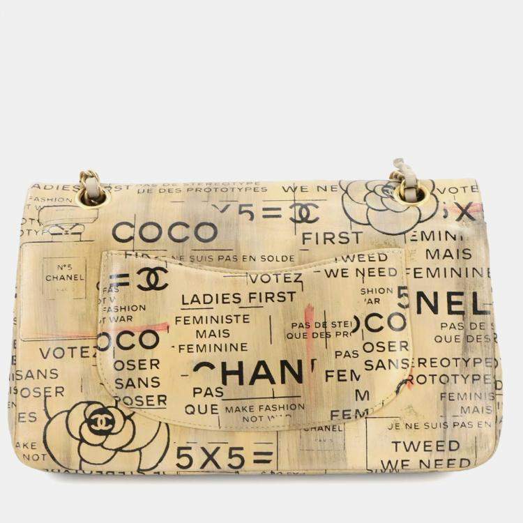 مملوكة مسبقًا Chanel Newspaper Print Beige Leather Chain Shoulder Bag