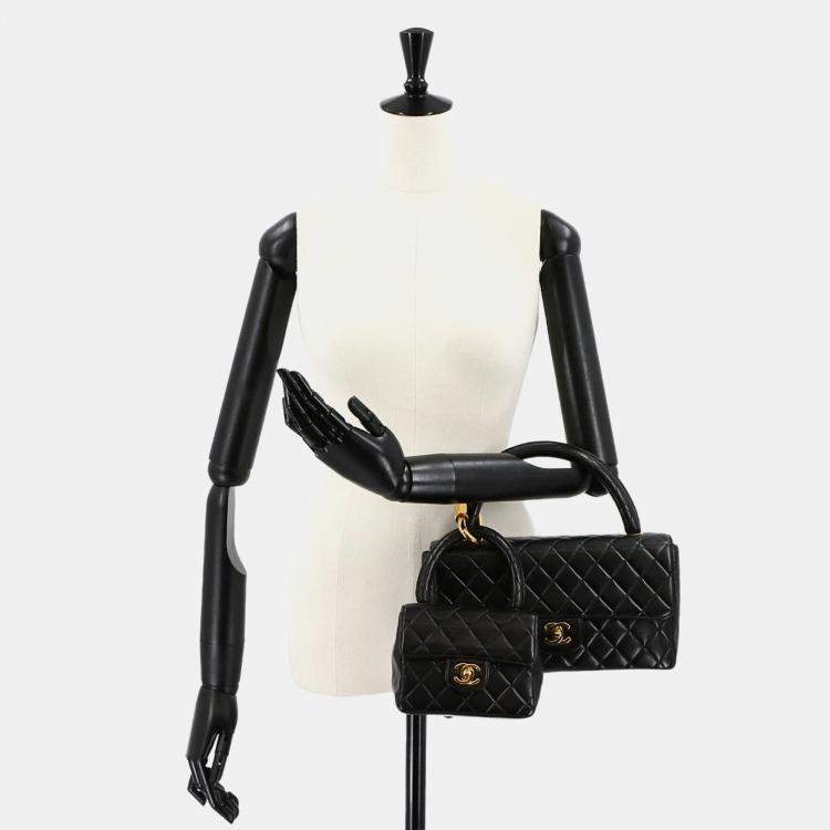 Pre Owned Chanel Vintage Twin Flap Set Black Leather Handbags