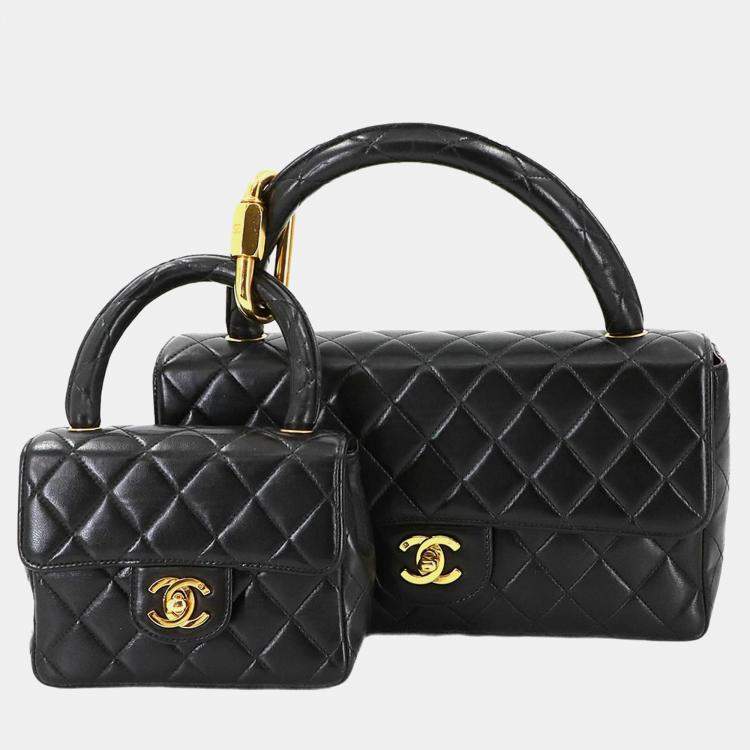 Pre Owned Chanel Vintage Twin Flap Set Black Leather Handbags
