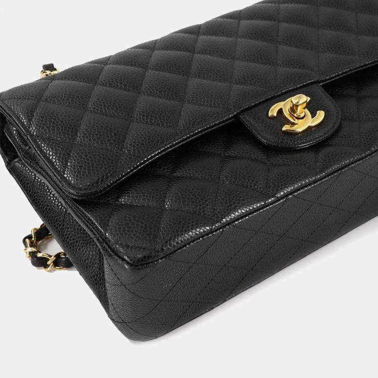 Pre Owned Chanel Classic Double Flap Medium Black Caviar Leather Chain Shoulder Bag