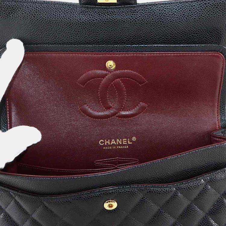 Pre Owned Chanel Classic Double Flap Medium Black Caviar Leather Chain Shoulder Bag