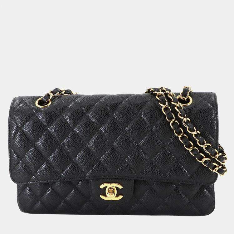 Pre Owned Chanel Classic Double Flap Medium Black Caviar Leather Chain Shoulder Bag