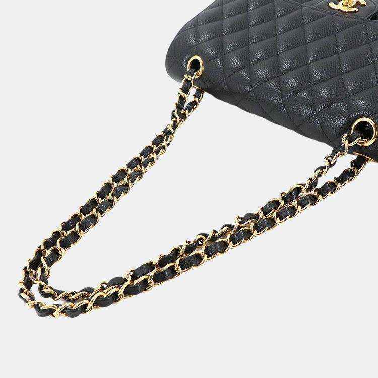 Pre Owned Chanel Classic Double Flap Medium Black Caviar Leather Chain Shoulder Bag