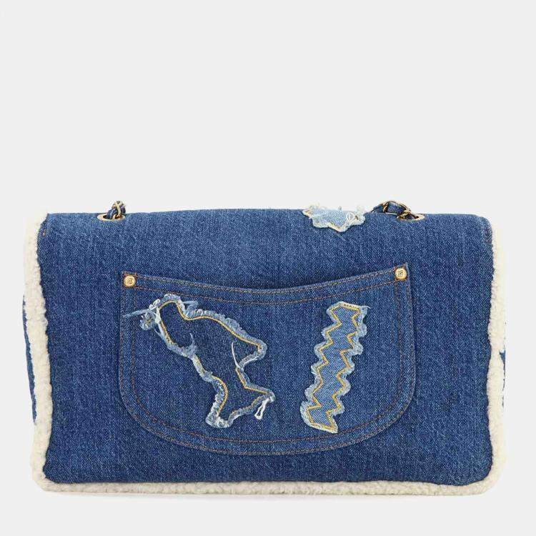 Pre Owned Chanel Paris-Egypt Hieroglyph Flap Blue Denim Shearling Chain Shoulder Bag