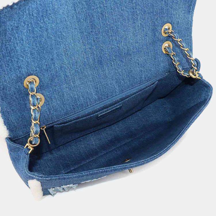Pre Owned Chanel Paris-Egypt Hieroglyph Flap Blue Denim Shearling Chain Shoulder Bag