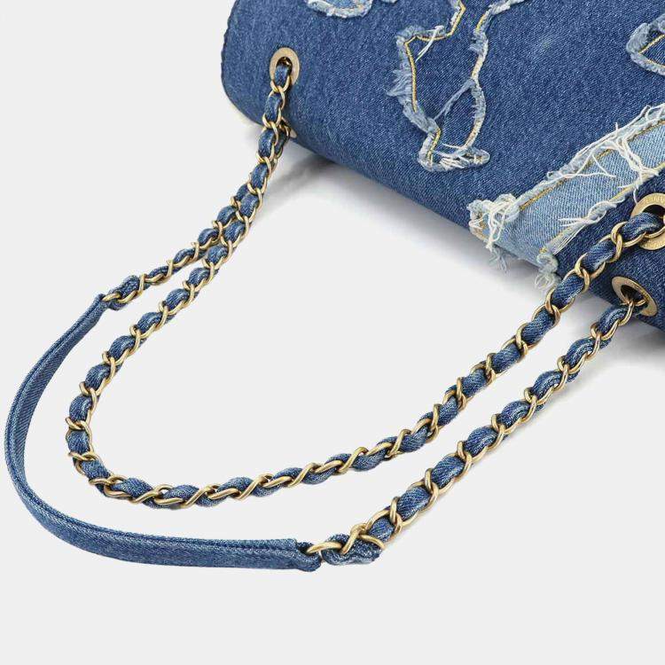 Pre Owned Chanel Paris-Egypt Hieroglyph Flap Blue Denim Shearling Chain Shoulder Bag