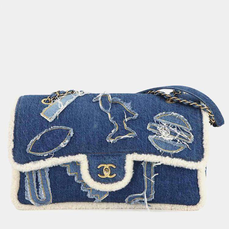 Pre Owned Chanel Paris-Egypt Hieroglyph Flap Blue Denim Shearling Chain Shoulder Bag