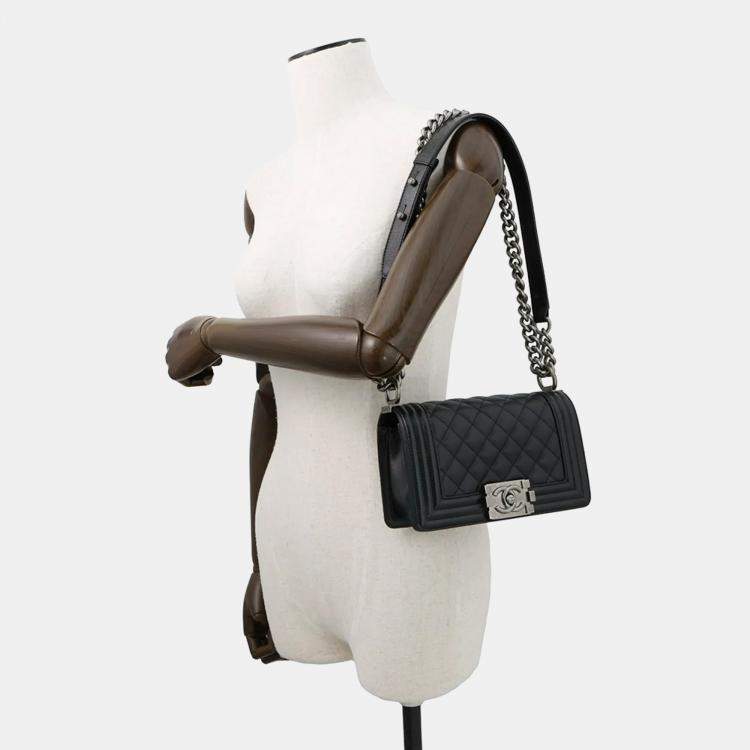 Pre Owned Chanel Chain Shoulder Bag Matelasse Coco Mark Boy Small Black