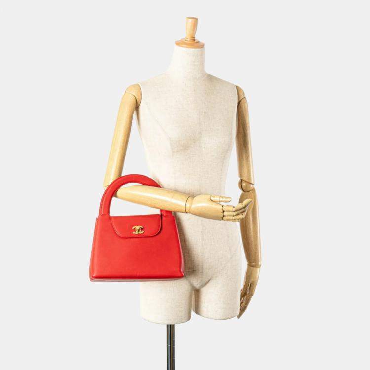 Pre Owned Chanel Coco Mark Red Grained Calfskin Leather Shoulder Bag