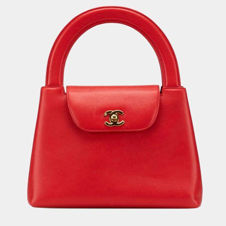 Pre Owned Chanel Coco Mark Red Grained Calfskin Leather Shoulder Bag