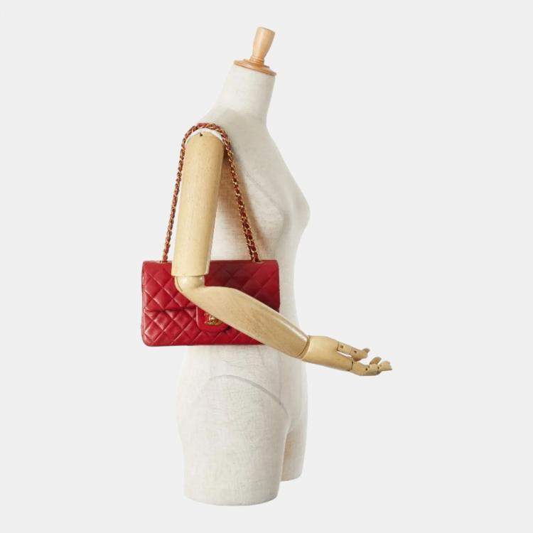 Pre Owned Chanel Matelasse 23 Double Flap Coco Mark Chain Shoulder Bag In Red Lambskin