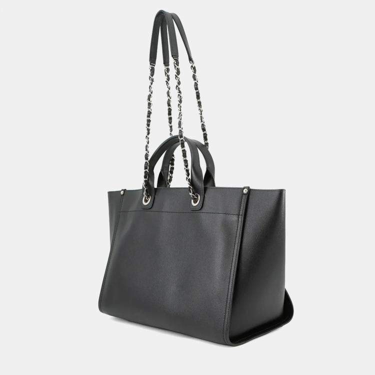 Pre Owned Chanel Deauville Coco Mark Studded Large Caviar Leather Tote Bag Black