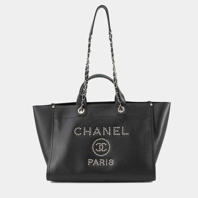 Pre Owned Chanel Deauville Coco Mark Studded Large Caviar Leather Tote Bag Black