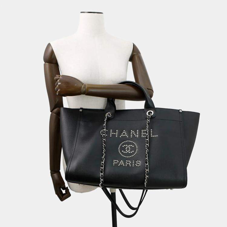 Pre Owned Chanel Deauville Coco Mark Studded Large Caviar Leather Tote Bag Black