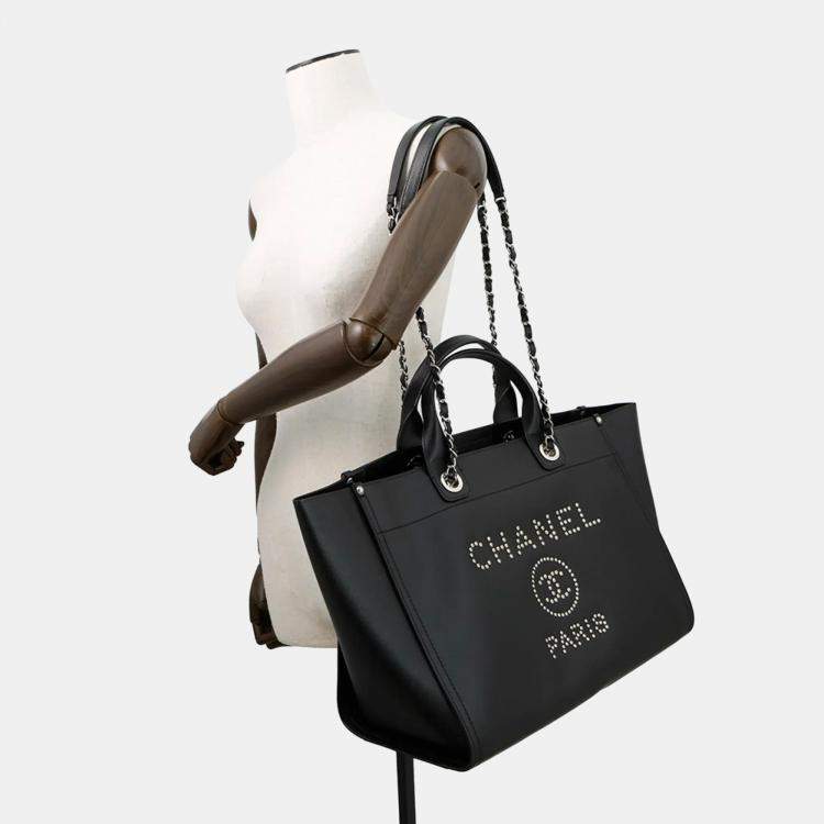 Pre Owned Chanel Deauville Coco Mark Studded Large Caviar Leather Tote Bag Black