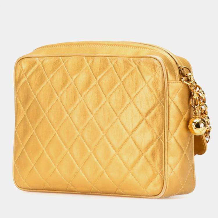 Pre Owned Chanel Matelasse Coco Mark Ball Chain Shoulder Bag In Gold Lambskin