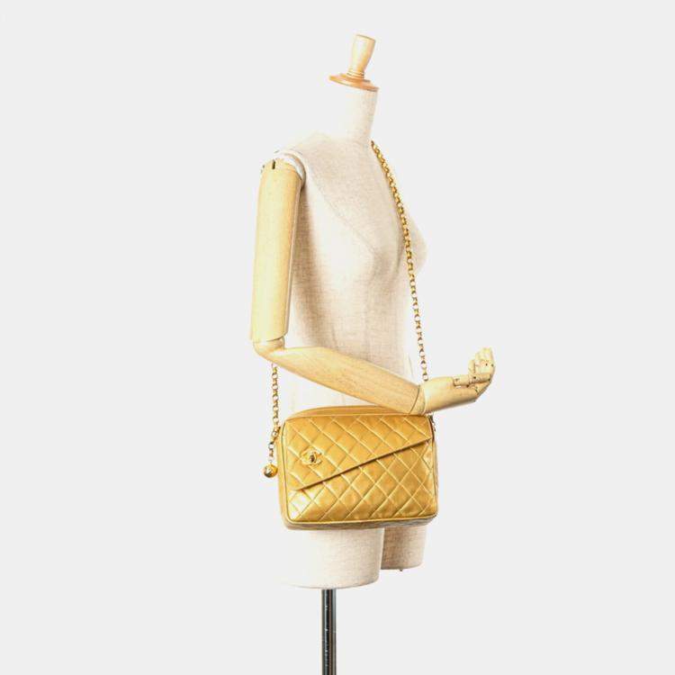Pre Owned Chanel Matelasse Coco Mark Ball Chain Shoulder Bag In Gold Lambskin