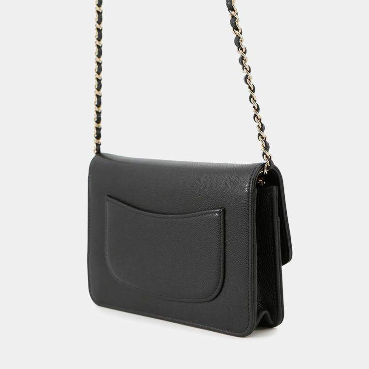 Pre Owned Chanel Coco Black Grained Calfskin Leather Wallet on Chain