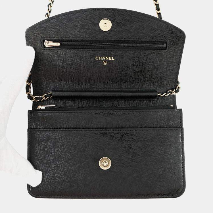 Pre Owned Chanel Coco Black Grained Calfskin Leather Wallet on Chain