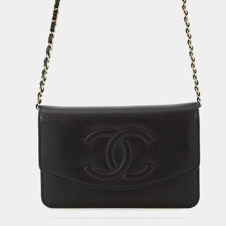Pre Owned Chanel Coco Black Grained Calfskin Leather Wallet on Chain