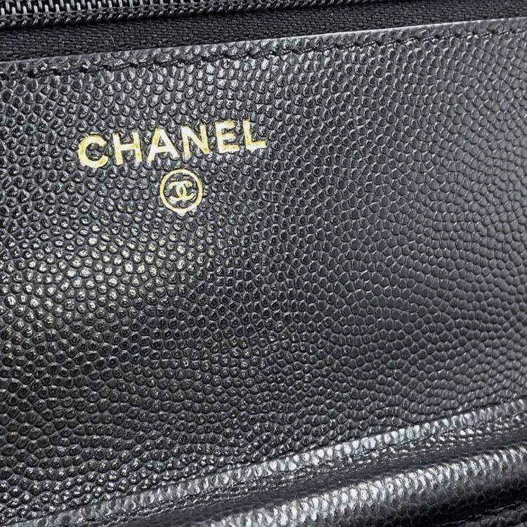 Pre Owned Chanel Coco Black Grained Calfskin Leather Wallet on Chain