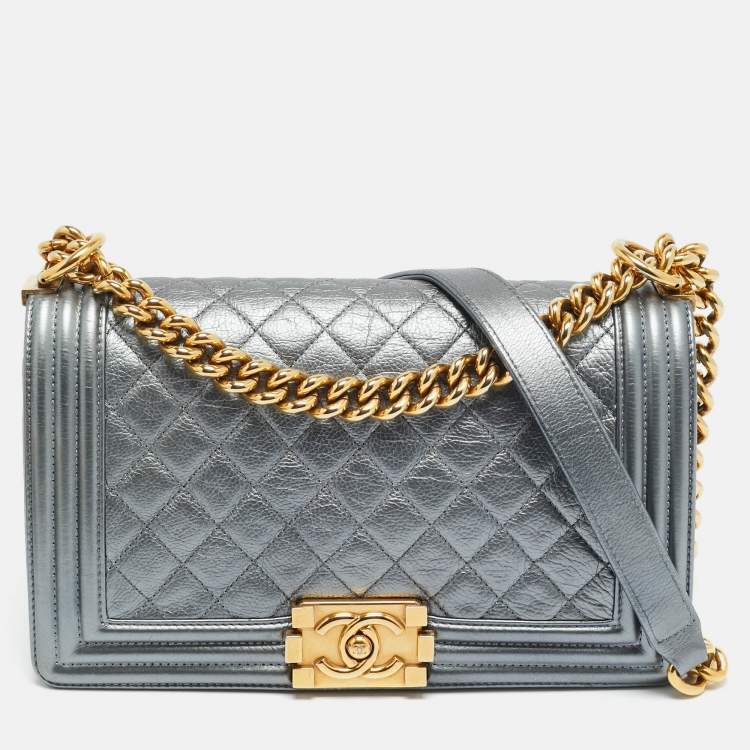 Pre Owned Chanel Boy Medium Metallic Grey Quilted Leather Flap Bag
