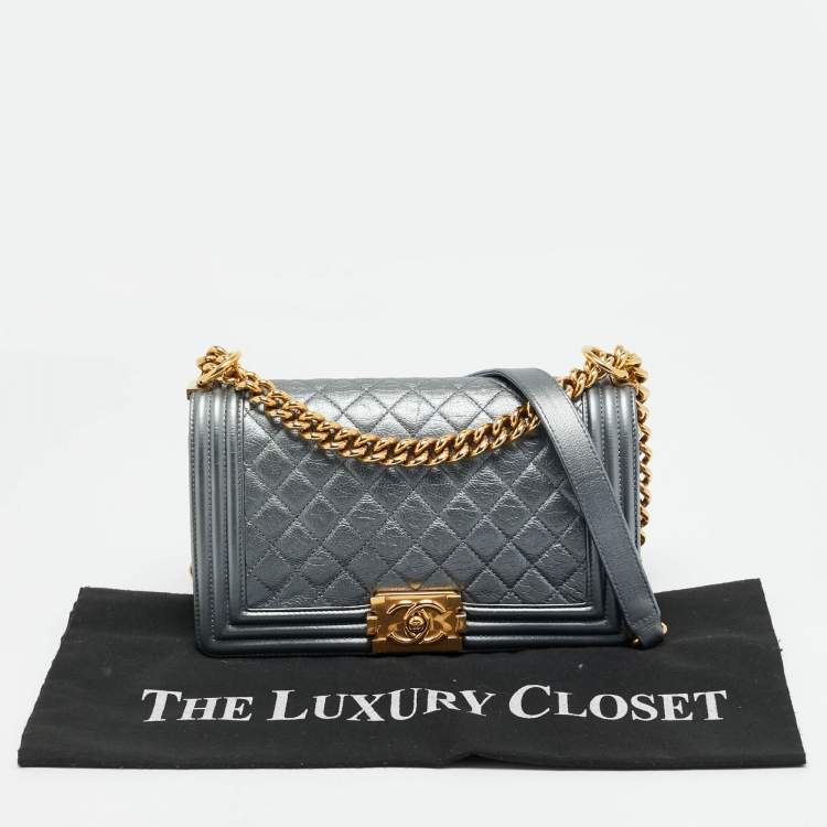 Pre Owned Chanel Boy Medium Metallic Grey Quilted Leather Flap Bag